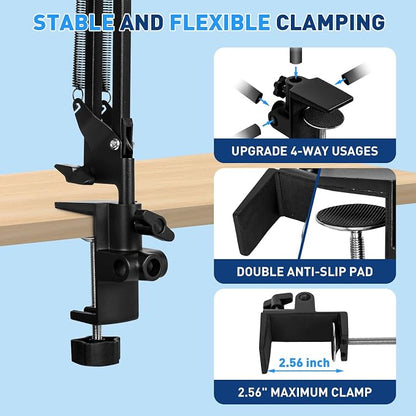 HITTI 12X Square Magnifying Glass with Light and Clamp, Hands-Free Lighted Stand with Ultra Long 3-Section Arm | 5 Color Modes & Stepless Dimming LED Desk Lamp for Workbench,Modelling,Puzzle-Blue