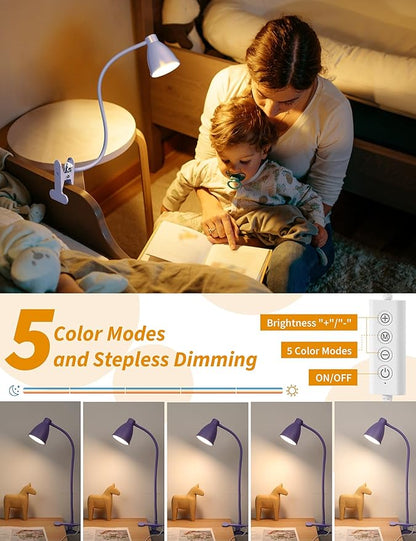 BOHON Desk Lamp with Clamp Clip on Light 5 Color 10 Brightness Lilac Purple | 10W 38 LED Flexible Gooseneck Clip Lamp, Auto Off Timer, Desk Lights for Office Home Bed Bedside Reading