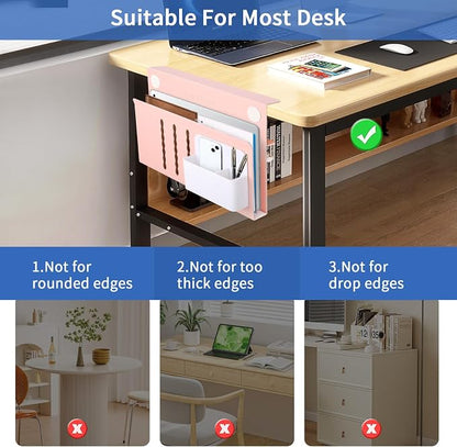 LUKETURE Desk Side Storage Laptop Holder No Drill Clamp On Organizer | Steel Side Desk Organizer, Clamp on Laptop Mount with Pen Holder, Hanging Storage for Home Office, Fits 0.3" to 2.8"