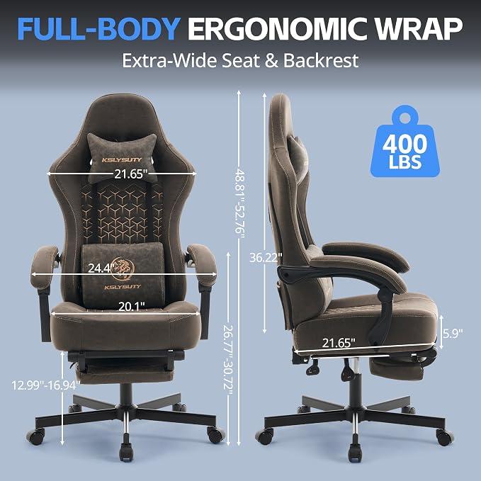 Desk Computer Gaming Chair - Ergonomic Game Office Chair with Extended Footrest and Massage Lumbar Support, Home Gamer Video Game Chairs with Spring Cushion for Adults (Pro Grey Leather)