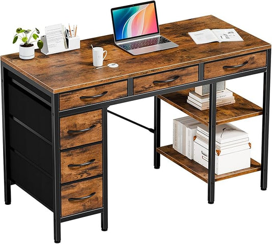 47" Computer Desk with 6 Drawers, Home Office Gaming Desks with Storage Shelves for Bedroom, Writing Study Corner Living Room Work Table Brown