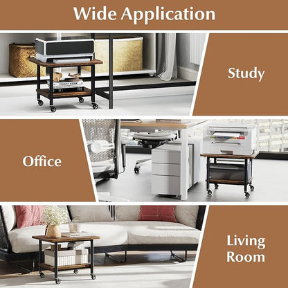 GOFLAME Under Desk Printer Stand, 2-Tier Industrial Mobile Printer Table with Storage Shelf, Metal Frame, Rolling Printer Cart Holder Storage Rack with Lockable Wheels for Home Office, Brown