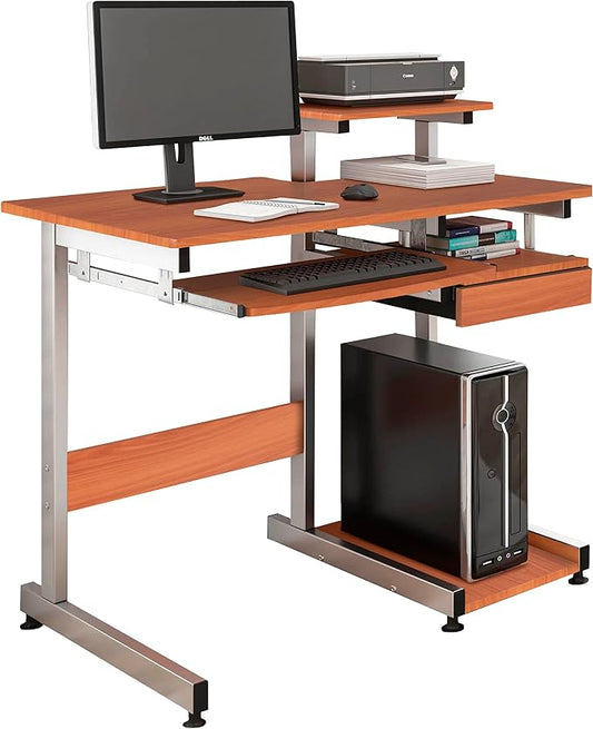 Techni Mobili 38" W Desk with Printer Shelf, Keyboard Tray and Drawer, Compact Workstation with Storage, Woodgrain