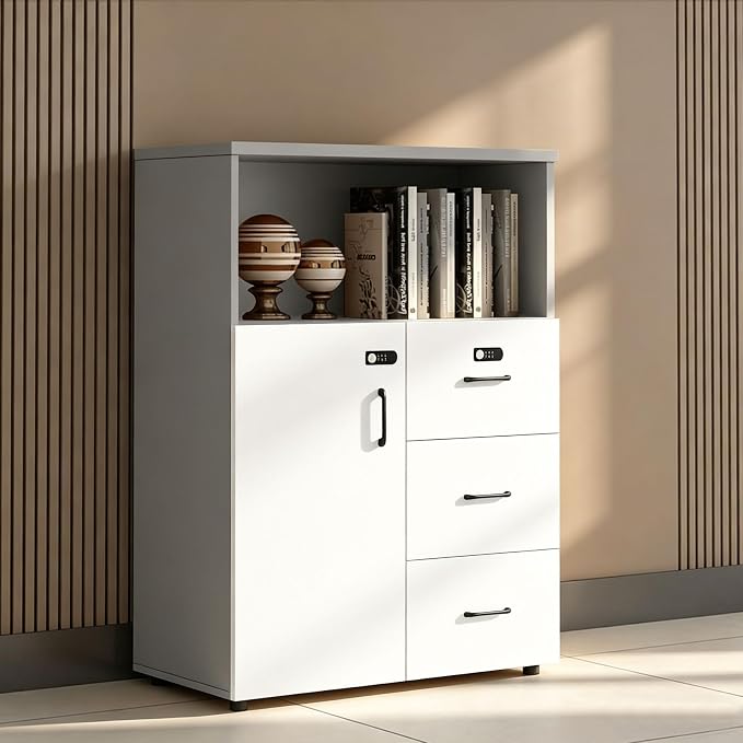 File Cabinet with Password Lock, Wood Lateral Filing Cabinet for Letter/A4 Files, 3 Drawer with Door, Printer Stand with Open Shelves for Home Office