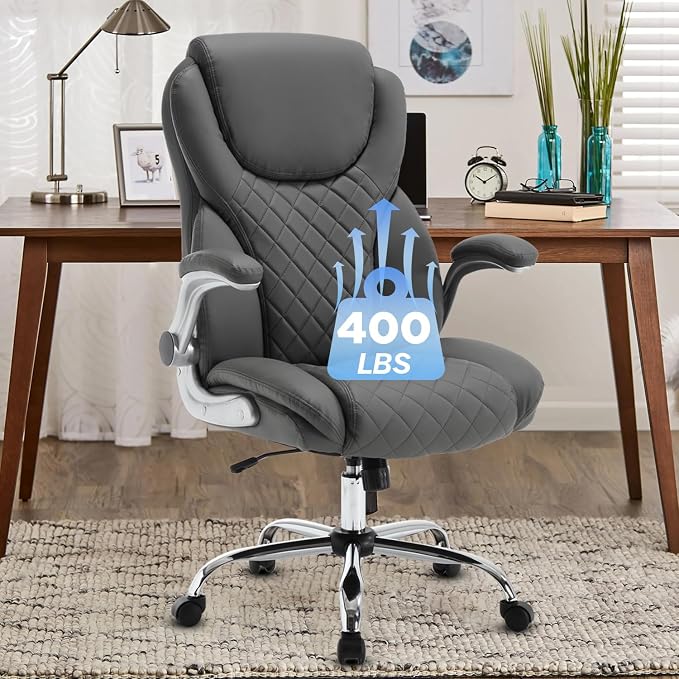 Leather Executive Office Chair, Big and Tall High Back Ergonomic Desk Chairs with Wheels, 90-120° Rocking Managerial Home Computer Chairs with Flip up Arms and Lumbar Support, Grey