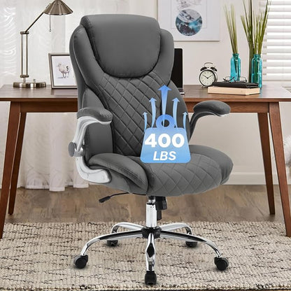 Leather Executive Office Chair, Big and Tall High Back Ergonomic Desk Chairs with Wheels, 90-120° Rocking Managerial Home Computer Chairs with Flip up Arms and Lumbar Support, Grey