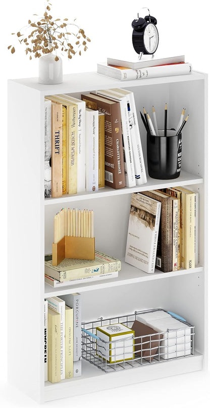 Furinno Jaya Book Shelf, 3-Tier Bookshelf, Standing Bookcase with Adjustable Shelves, 9.5 x 24.5 x 40.3, for Organization and Storage, for Living Room, Bedroom, Home Office, Plain White