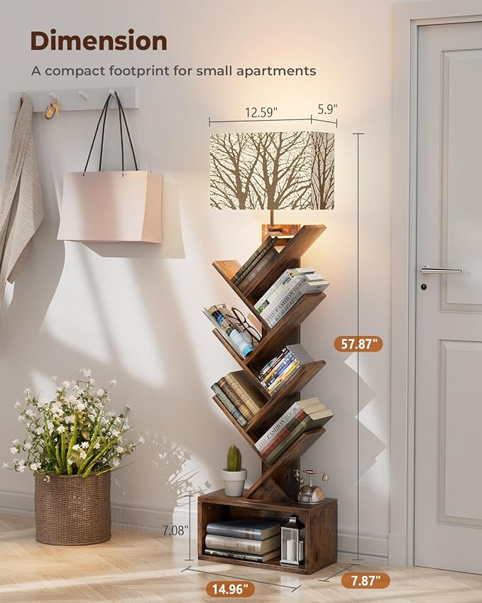 Evermagin Tree Bookshelf with Light, 6 Tier Small Bookcase, Narrow Floor Standing Book Tower Organizer with Storage Cabinet for Living Room, Bedroom and Home Office, Rustic Brown