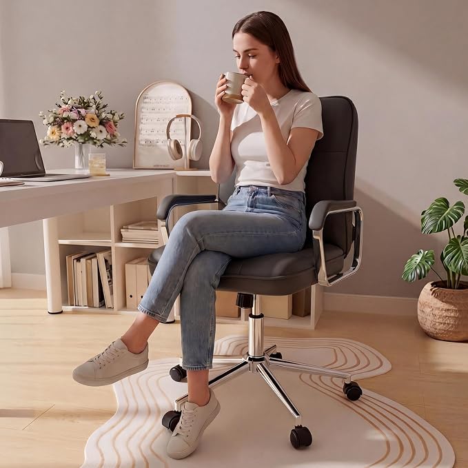 HomeZeer Black Office Chair, Mid Back Leather Desk Chair with Wheels and Padded Arms, Swivel Vanity Chair for Bedroom, Computer Chair for Study and Work