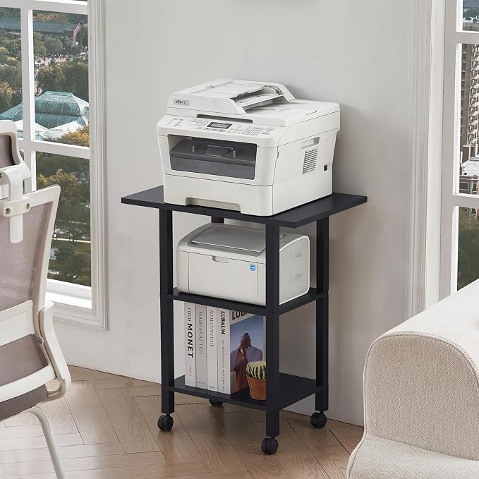 YUFAM Black 3 Tier Home Printer Stand with Storage, Wooden Mobile Printer Table Shelf, Rolling Printer Cart Shelf with Lockable Wheels fit Fax Machine, Scanner
