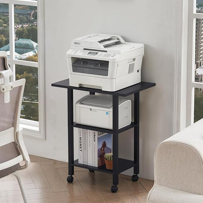 YUFAM Black 3 Tier Home Printer Stand with Storage, Wooden Mobile Printer Table Shelf, Rolling Printer Cart Shelf with Lockable Wheels fit Fax Machine, Scanner
