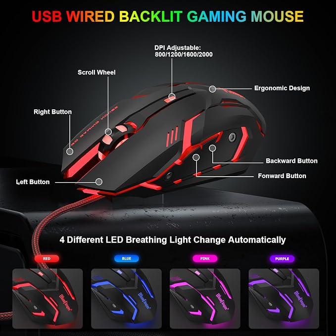 BlueFinger RGB Gaming Keyboard and Backlit Mouse Combo, USB Wired, LED Gaming Set for Laptop PC Computer Game and Work (Black & White)