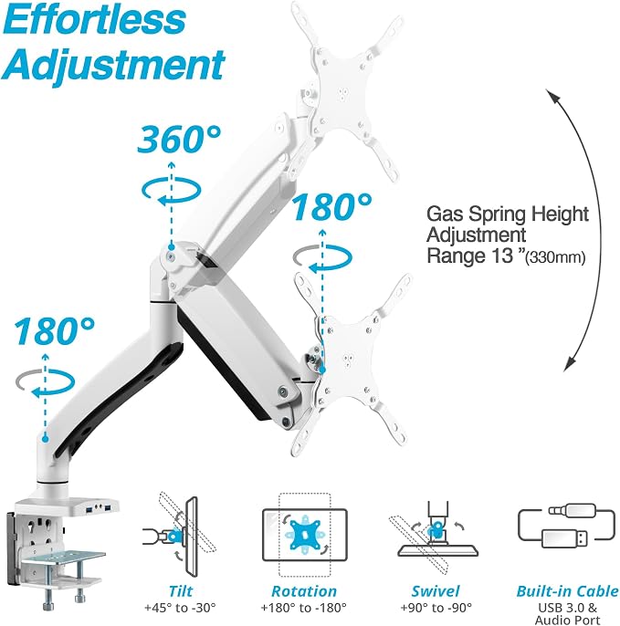 AVLT Single Monitor Arm Desk Mount for 17-49" Screens, Heavy Duty - White | Supports flat/curved/ultrawide screens up to 50 lbs. Gas spring lift, USB 3.0/AUX ports, VESA and cable management.