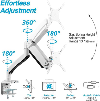 AVLT Single Monitor Arm Desk Mount for 17-49" Screens, Heavy Duty - White | Supports flat/curved/ultrawide screens up to 50 lbs. Gas spring lift, USB 3.0/AUX ports, VESA and cable management.