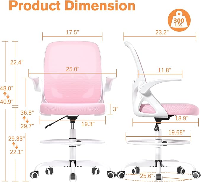 ORRSAKER Drafting Chair, Tall Office Chair with Flip-up Arms, Mesh Ergonomic Computer Standing Desk Chair with Adjustable Height Foot Ring and Lumbar Support, 300 LBS Capacity, Pink