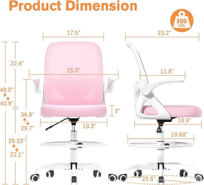 ORRSAKER Drafting Chair, Tall Office Chair with Flip-up Arms, Mesh Ergonomic Computer Standing Desk Chair with Adjustable Height Foot Ring and Lumbar Support, 300 LBS Capacity, Pink