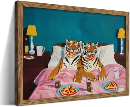 Framed Tiger Pizza Wall Art, Dopamine Wall Decor Canvas Print, Vintage Fun Tiger Eating Pizza in Bed Poster, Abstract Animal Picture Painting Art for Bedroom Living Room Home Decor 8x10 inch