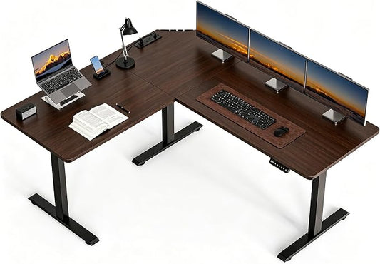 63 x 55 inch L-Shaped Standing Desk, Corner Computer Desk, Electric Standing Desk Adjustable Height, Sit to Stand Ergonomic Workstation for Home Office, Dark Walnut