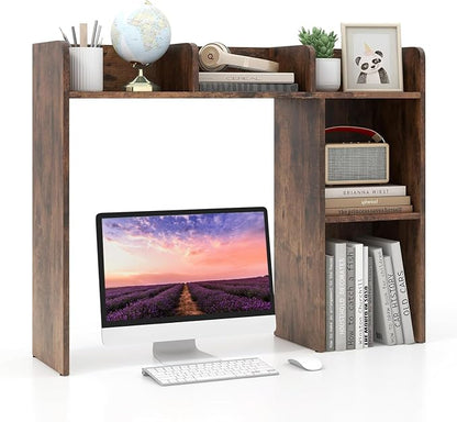 LDAILY Desktop Shelf, Multipurpose Wood Desk Hutch for Max 27" Computer Monitor, Countertop Storage Hutch with 5 Shelves, 3 Tier Desktop Display Rack for Dorm Office Home (Rustic Brown)