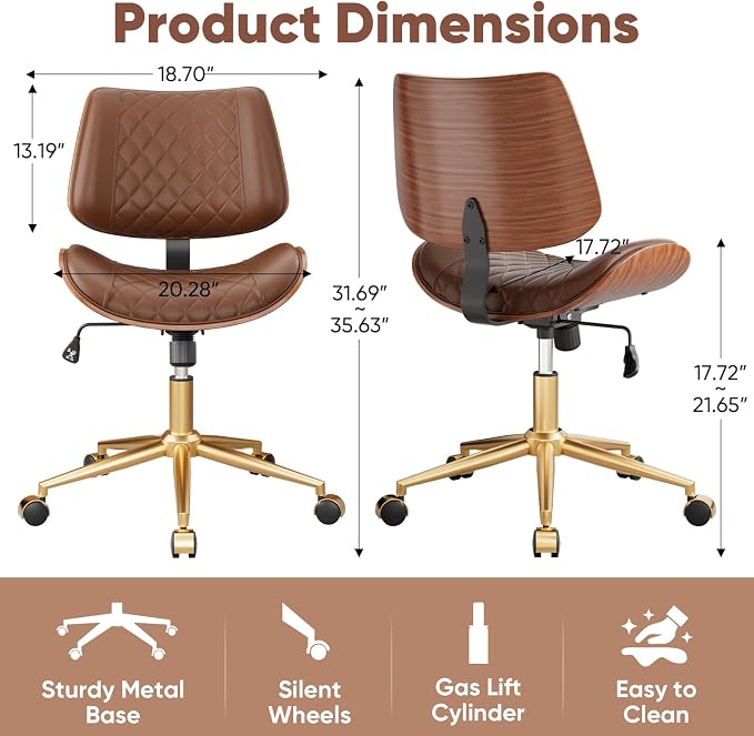 Home Office Desk Chair with Swivel Wheels, Modern PU Leather Armless Office Chair, Small Mid Back Computer Chair for Home Office, Reading Meeting Room (Coffee Brown, Gold Wheels)