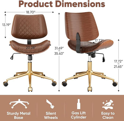 Home Office Desk Chair with Swivel Wheels, Modern PU Leather Armless Office Chair, Small Mid Back Computer Chair for Home Office, Reading Meeting Room (Coffee Brown, Gold Wheels)