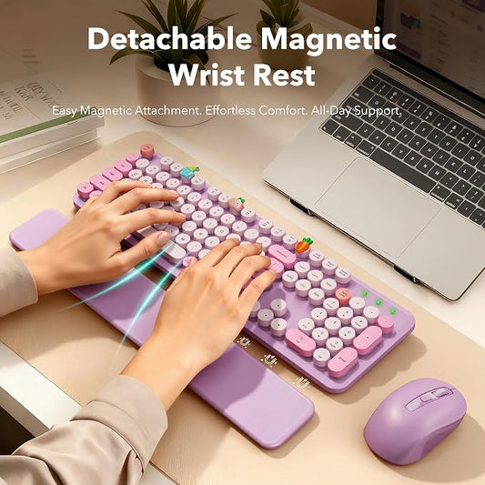 Wireless Keyboard and Mouse Combo, Round Keycaps, Full-Size Retro Typewriter Keyboard with Magnetic Wrist Rest, Tilt Legs, 2.4GHz Cordless Connection for Mac/Windows/PC, SABLUTE CK23, Lavender Purple