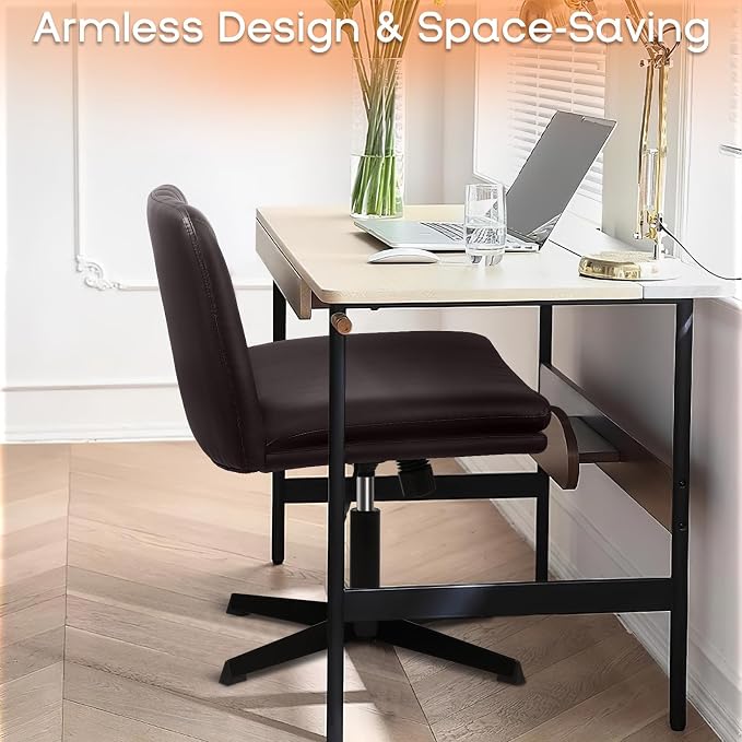 PUKAMI Criss Cross Chair,Comfy Cross Legged Office Desk Chair No Wheels,Modern Fabric Swivel Adjustable Height Mid Back Wide Seat for Home Office Computer (Pu Brown)