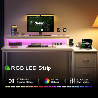 EnHomee 48" Reversible L-Shaped Computer Desk with 40-Mode RGB LED,3AC &1 Type-C Charging Station, 3 Drawers, 35.4''Monitor Riser, White Desk for Gaming, Home Office, Bedroom, Study Room,Vanity, White