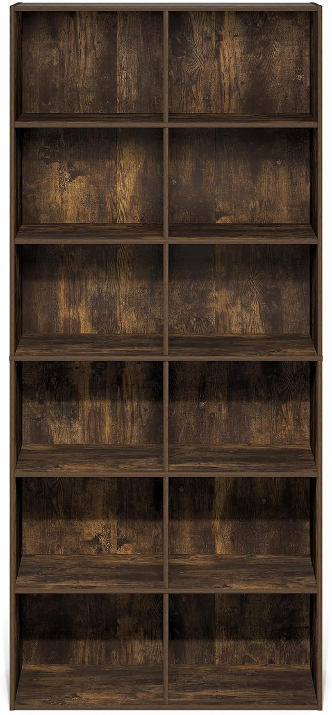 Furinno Basic Book Shelf, 12-Cube Bookshelf, Bookcase with Open Shelf, Cube Storage Organizer, 12 x 32 x 71, for Living Room, Home Office, Amber Pine