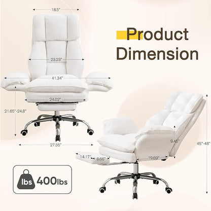 Cloud Cross Legged Office Chair with Footrest,Teddy Fleece Big and Tall Executive Ergonomic Chair, Flip Armrests for Pets,155° Reclining Computer Wide Desk Chair for Home,Office (White)