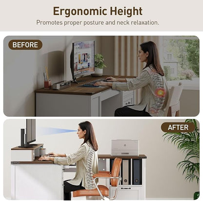 RALGEND 2 Pack Farmhouse 69" Executive L Shaped Desk with Drawer, Home Office Desk with Charging Station, Corner Computer Desk with Monitor Stand,Drawer, Storage Cabinet, White and Walnut