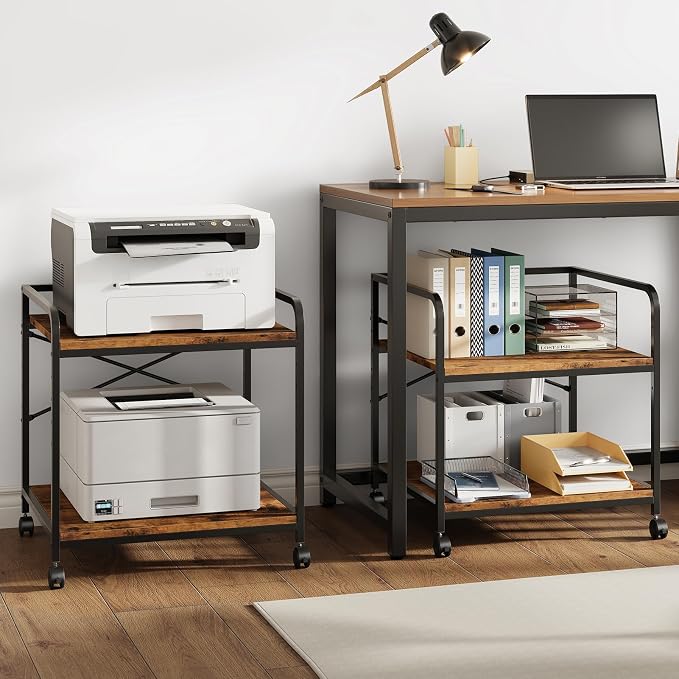 Under Desk Printer Stand, 22''W X 20''D X 22.4''H Mini Fridge Stand, Printer Shelf, Large Printer Table with Height Adjustable, 2 Tier 3D Printer Cart with Wheels for Home Office Storage, Rustic Brown