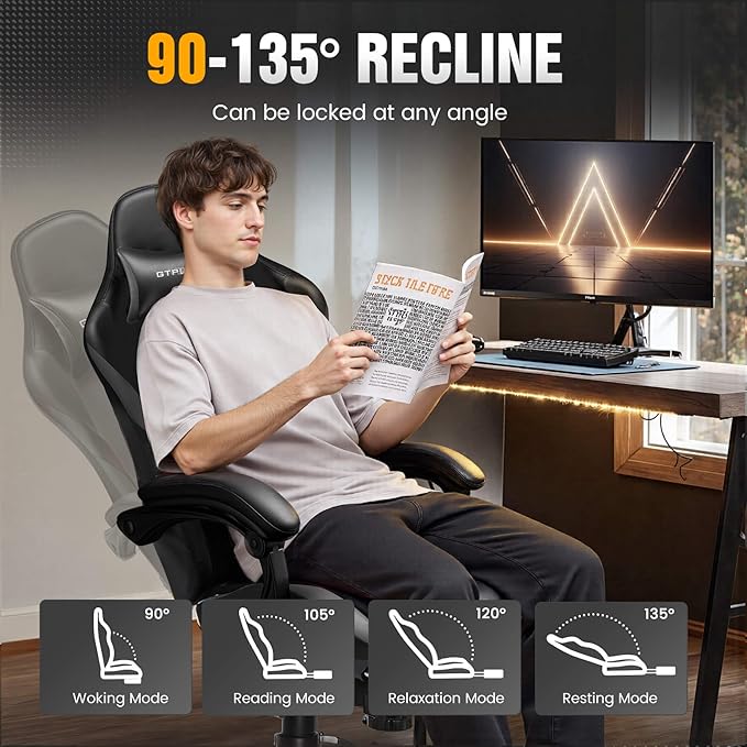 GTPLAYER Gaming Chair with Pocket Spring Cushion, Leather Office Chair with Ergonomic High Back & Lumbar Support for Back Pain Relief, Computer Game Chair for Adults, Gray
