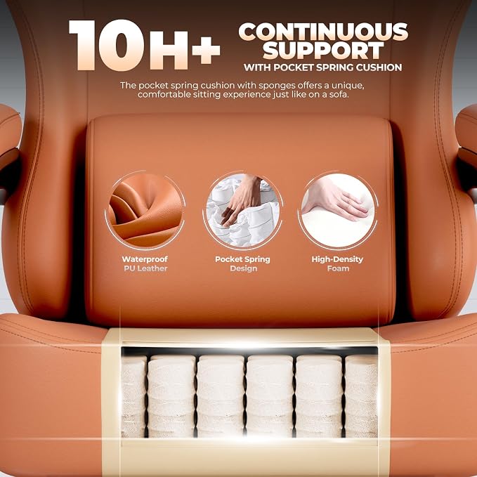 GTPLAYER Big and Tall Gaming Chair 400lbs Heavy Duty Office Chair with Footrest, High Back Pocket Spring Ergonomic Computer Chair for Adults, Wide Seated Cushion with Linkage Armrests,Leather Orange