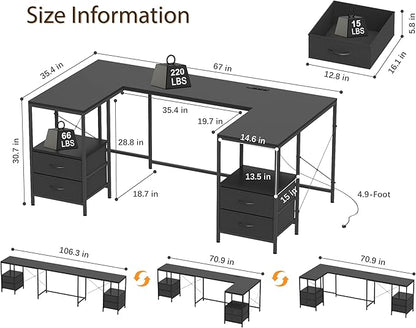 YOSHOOT 67" U Shaped Computer Desk, Reversible L Shaped Gaming Desk | Corner Desk with Power Outlets, 4 Drawers, 2 Storage Shelf, Computer Table with 4 Installation Methods, Black