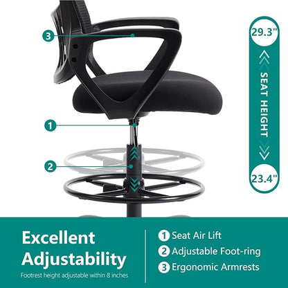 DUMOS Drafting Chair - Counter Height Adjustable Tall Office Desk Chair with Fixed Armrests and Comfortable Lumbar Support for Standing Desk, for Bedroom Livingroom, Black