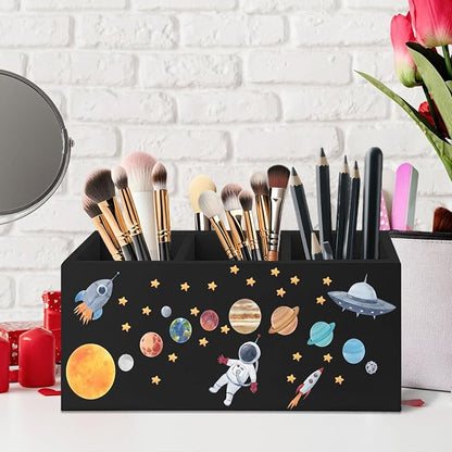 Outer Space Decor Wooden Pen Pencil Holder for Desk, Astronaut Space Themed Bedroom Decor Gift for Kids, The Solar System Wood Makeup Brush Toothbrush Holder Organizer for Library Bedroom
