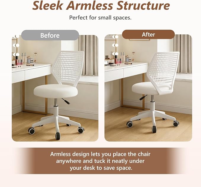 Small Office Chair with Wheels, Armless Desk Chair Height Adjustable Swivel Rolling Task Chair Breathable Mesh Ergonomic Computer Work Chair for Adult, White