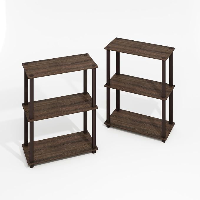 Furinno Turn-S-Tube Storage Shelves Set of 2, 3-Tier Book Shelf, Corner Shelf, Toolless Open Shelves, Square Tubes, for Organization and Storage, Living Room, Garage, Home Office, Black Walnut