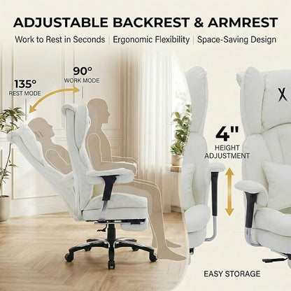 Efomao Big & Tall Desk Chair, Wide Executive Office Chair with Footrest White-L
