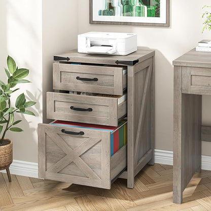 Halitaa 3 Drawer Small File Cabinet, Farmhouse Vertical Filing Cabinet Fits Letter and A4 Size, Under Desk Wooden File Cabinets for Home Office, Printer Stand, Rustic Grey
