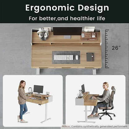 ModernMate Electric Standing Desk with 3 Drawers & Monitor Shelf, 48" Height Adjustable Sit Stand Desk with Storage, Home Office Computer Workstations for Small Space, Light Walnut