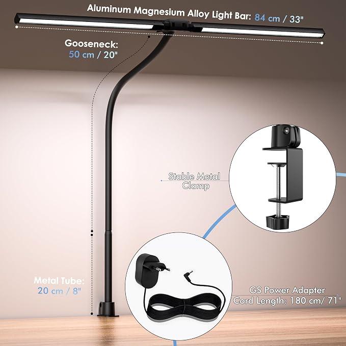 EYOCEAN Desk Lamp with Clamp, 31.5" LED Desk Lamp for Home Office, 24W Gesture Sensing Control Desk Light, Dimmable & Color Temperature, Eye-Caring Office Lamp, Brightest Architect Lamp for Screen