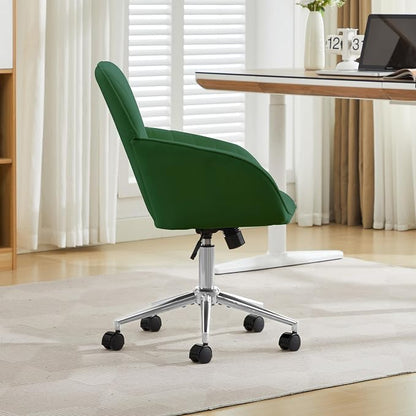 Velvet Home Office Desk Chair, Modern Cute Computer Task Chair with Back, Height Adjustable Upholstered Vanity Chair with Swivel Wheels for Women, Girls (Silver Base, Green