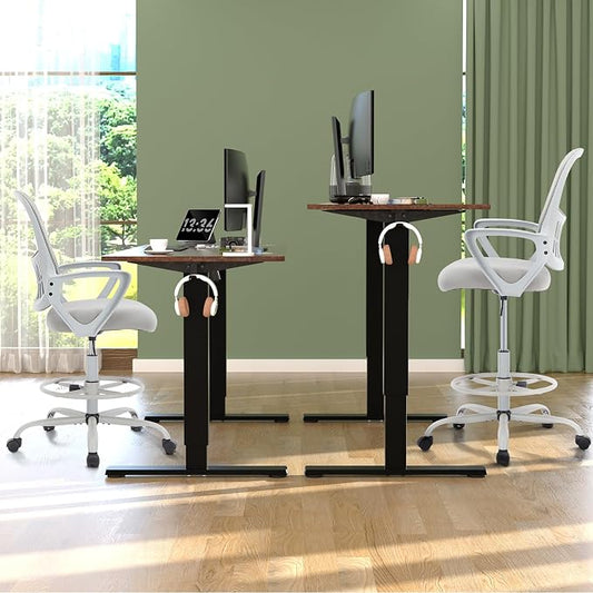 DUMOS Ergonomic Drafting Chair, Tall Office for Standing Desk, Counter with Height Adjustable and Comfortable Lumbar Support, Fixed Armrests, for Bedroom Livingroom, Dove Gray