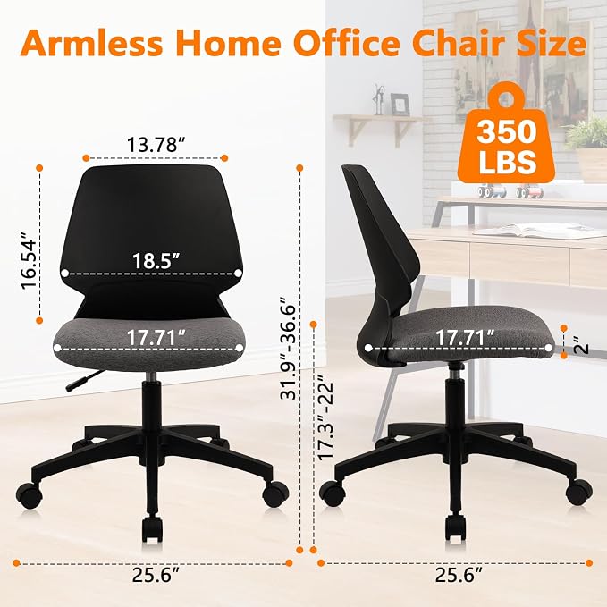 CLATINA Armless Home Office Chair, Ergonomic Small Desk Chair with Wheels and Soft Thick Upholstered Cushion, Comfy Adjustable Height Swivel Computer Task Chair for Conference Waiting, Black, 2Pack
