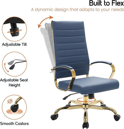 LeisureMod Modern High-Back Leather Office Chair - Swivel & Adjustable Executive Desk Chair with Gold Frame, Ergonomic Design for Home & Office (Navy Blue, Set of 8)