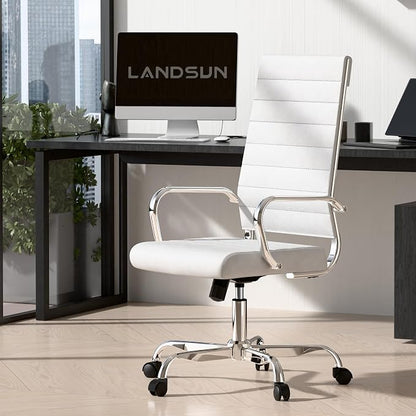 LANDSUN Home Office Chair Ribbed Leather High Back Executive Swivel Computer Desk Chairs with Wheels and Armrests Soft Padded Adjustable Height Modern Conference Chrome White