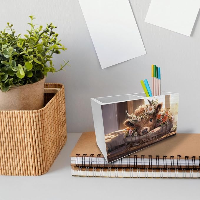 Highland Cow Pen Holder for Desk, Rustic Floral Farm Heifer Wooden Box Sign Desk Decor for Home Office Decoration, Highland Cow Gifts Pencil Organizer, Gifts for Cows Lovers