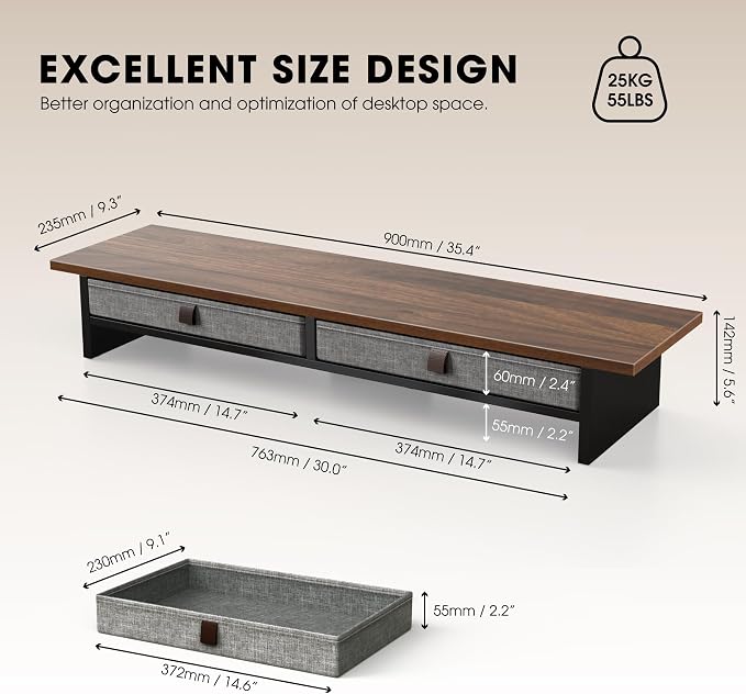 Fenge Monitor Stand with Drawer, 2 Tiers Dual Monitor Riser for Desk, 35 Inch Computer Stand for 2 Monitors, Desk Shelf for Home, Office, Laptop, PC, TV, Printer